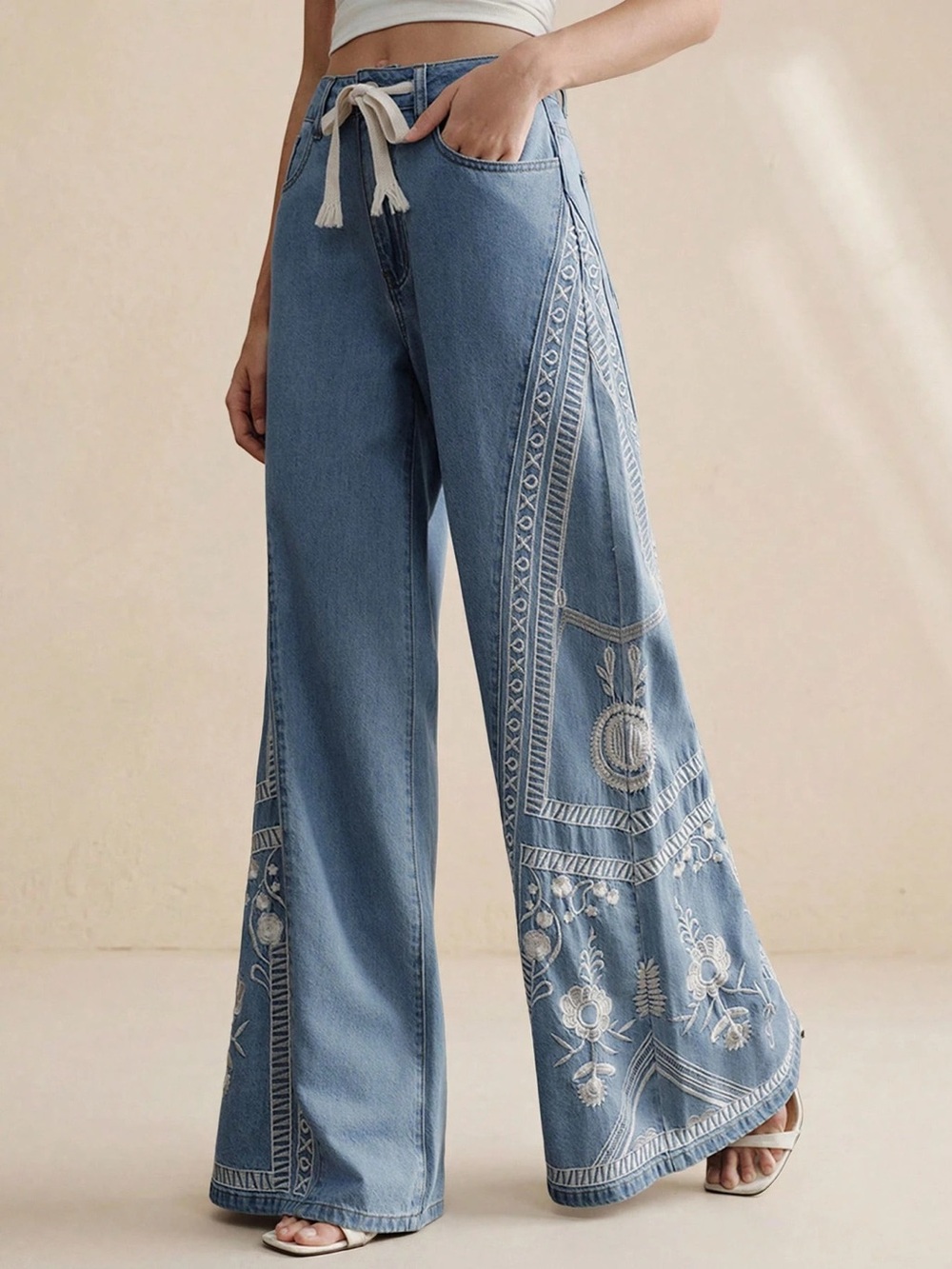 Embroidered Wide-Leg Drawstring Jeans - Picture 3 of 8